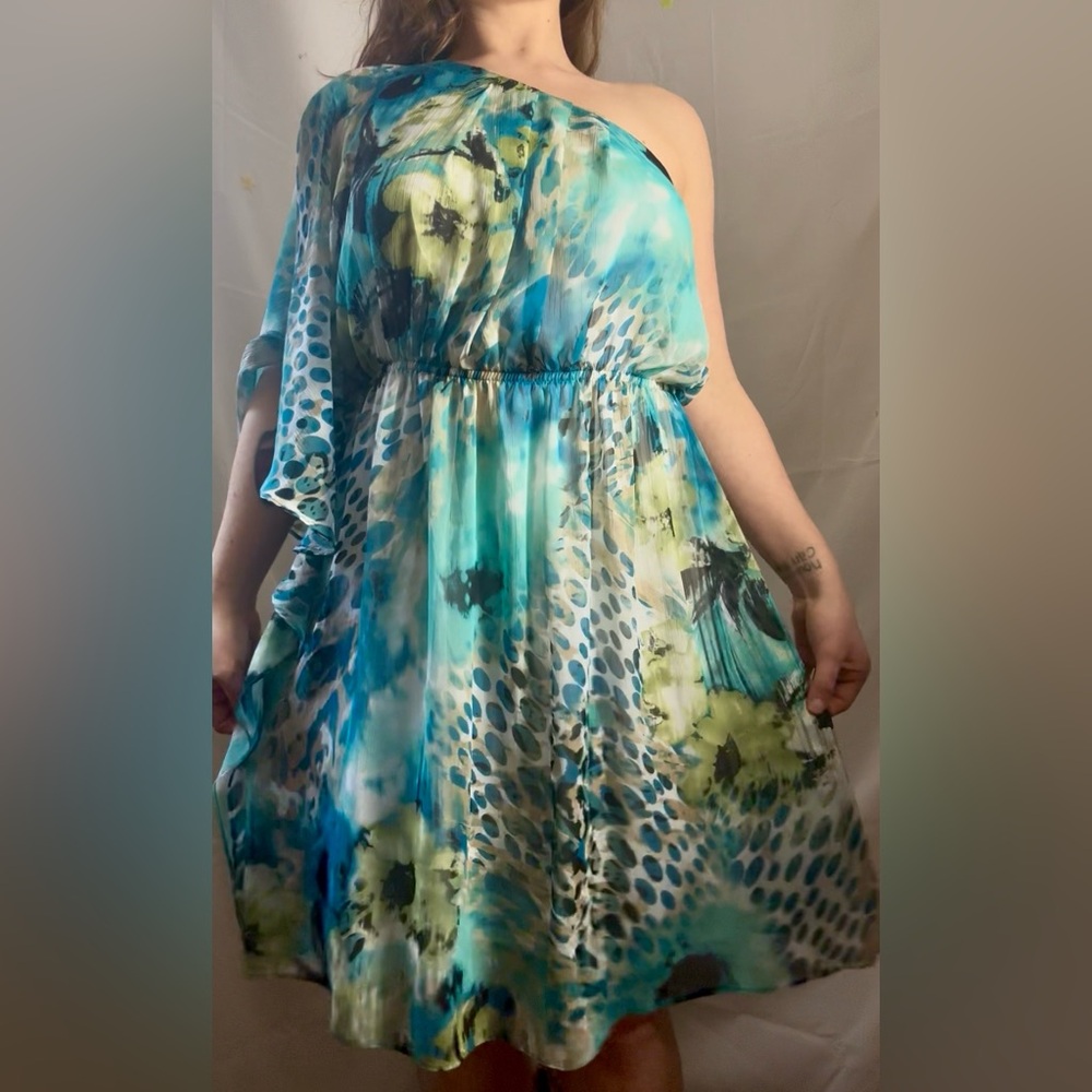 Turquoise Floral Abstract One Shoulder Flowy Boho Beach Goddess Dress Size L-XL - Picture 3 of 13